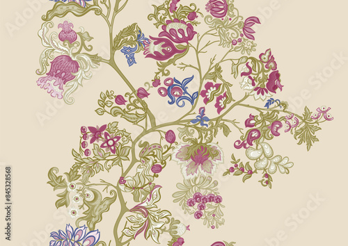 Fantasy, alien flowers, decorative flowers and leaves. Cartoon style. Millefleurs trendy floral design. Seamless pattern, background. Vector illustration.