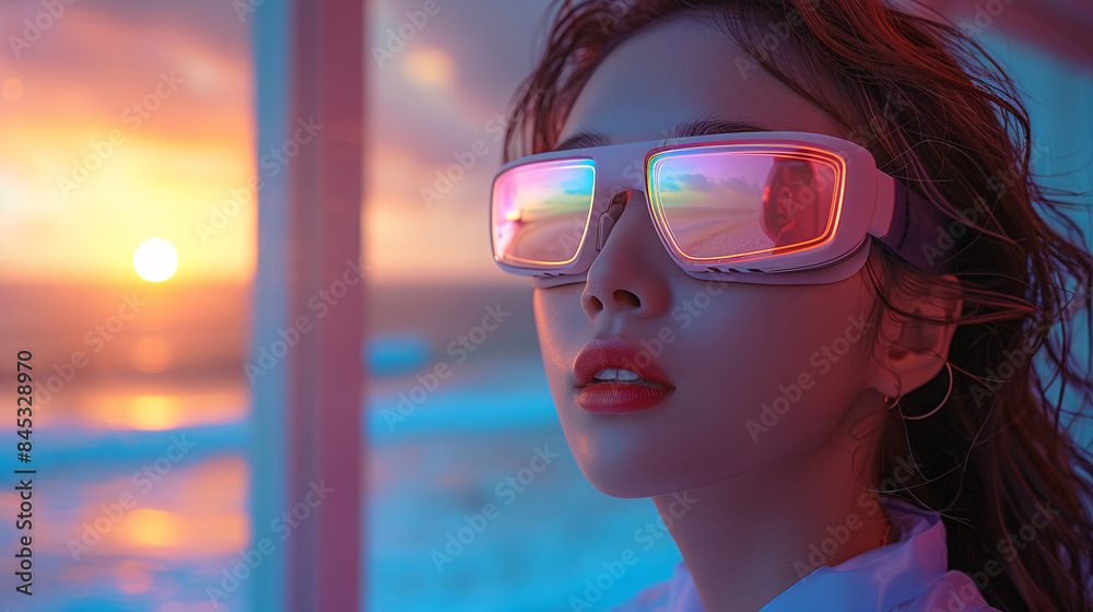 Girl with VR Glasses on Vacation Travel, Enjoying Sunny Beach Holidays, Immersed in Virtual Reality Experience Girl with VR Glasses on Vacation Travel, Enjoying Sunny Beach Holidays, Immersed in Virtual Reality Experience