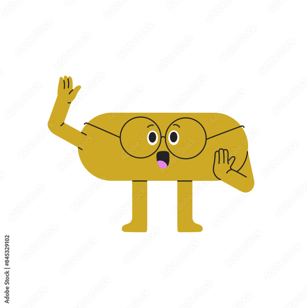 Cute, smart oval figure hand up to ask. Clever ellipse shape answers the question. Happy geometric character in glasses learning at school. Flat isolated vector illustration on white background Cute, smart oval figure hand up to ask. Clever ellipse shape answers the question. Happy geometric character in glasses learning at school. Flat isolated vector illustration on white background