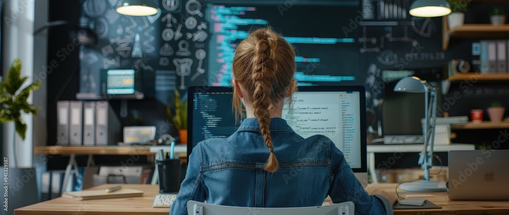 Back view of a woman programmer working with a computer in the office. Back view of a woman programmer working with a computer in the office.