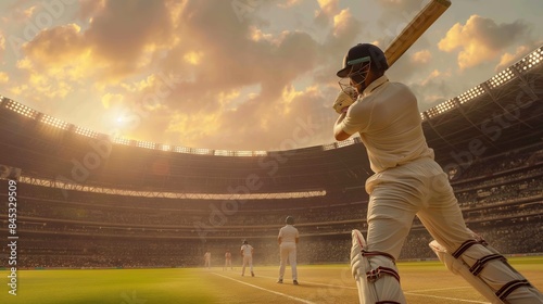 Creative image depicting man, cricket athlete in white uniform and helmet in motion during match, hitting ball with bat. Sunset sky photo