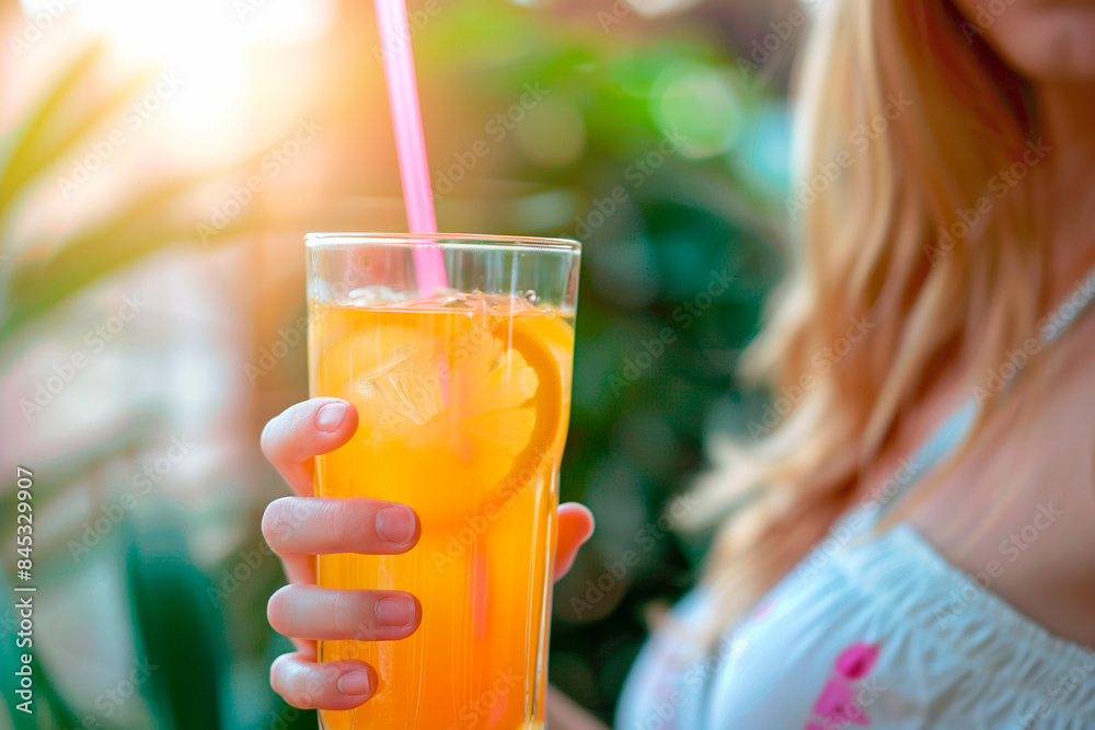 woman hand holding a glass of a cold orange cocktail or lemonade , Summer refreshment in a sunny glass. woman hand holding a glass of a cold orange cocktail or lemonade , Summer refreshment in a sunny glass.