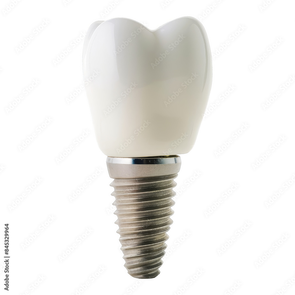 A single dental implant with a white crown and a metal screw, isolated on a white background, transparent background. A single dental implant with a white crown and a metal screw, isolated on a white background, transparent background.