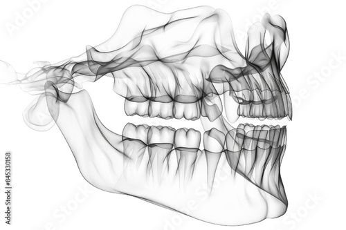 Side view of a human jawbone with teeth, rendered in a semi-transparent style, isolated on a white background, transparent background.
