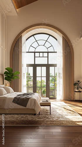 Vertical image of a bright and airy bedroom and the arch window overlooking a view. © PhornpimonNutiprapun