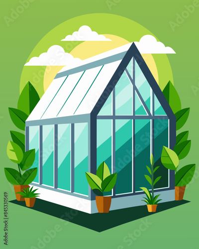 The crisp white exterior of a solarpowered greenhouse contrasts against the vibrant green plants inside all basking in the natural light provided by the sun.. Vector illustration