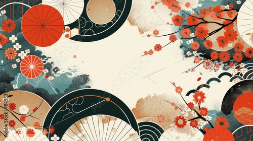 Japanese Cherry Blossom flower, bamboo, bonsai and wave object moderns in a vintage style Asian circle icon set photo