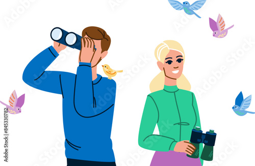 forest birdwatching vector. jungle woman, adult outdoor, wildlife watching forest birdwatching character. people flat cartoon illustration