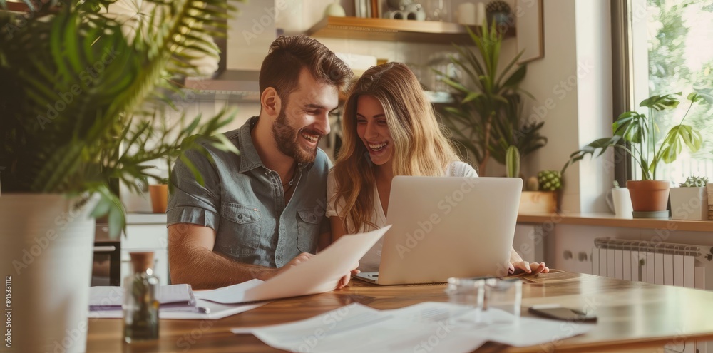A young couple working together in the living room with laptop A young couple working together in the living room with laptop