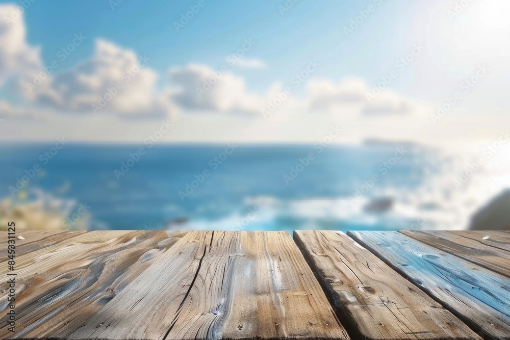 Wooden table with blurred background of sea and sky. Wooden table with blurred background of sea and sky.