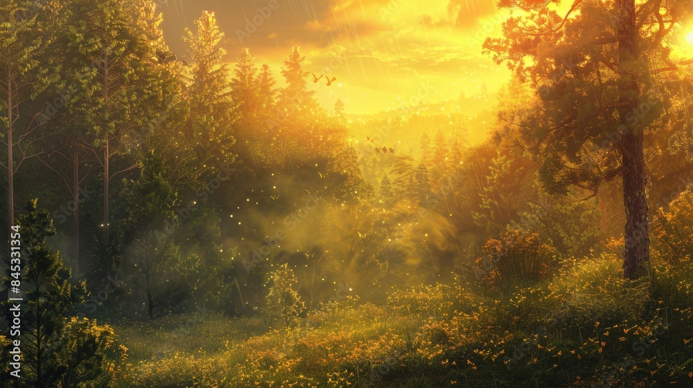 Obraz premium Magic Hour The enchanting ambiance as daylight fades and the sun casts a golden hue over the wilderness