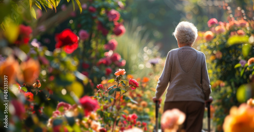 An elderly woman walking in the flower garden, shot from behind,  photo