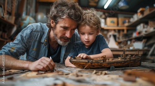 father and son building a ship model