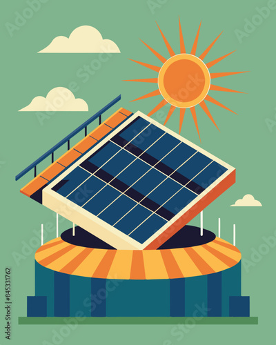 The solar panels on the stadiums roof capture the suns energy and store it in batteries ensuring a reliable source of electricity even during peak usage.. Vector illustration