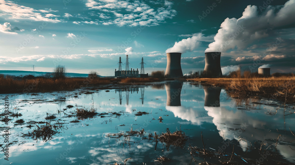 Fototapeta premium Cooling towers of nuclear power plant with reflection in the water.