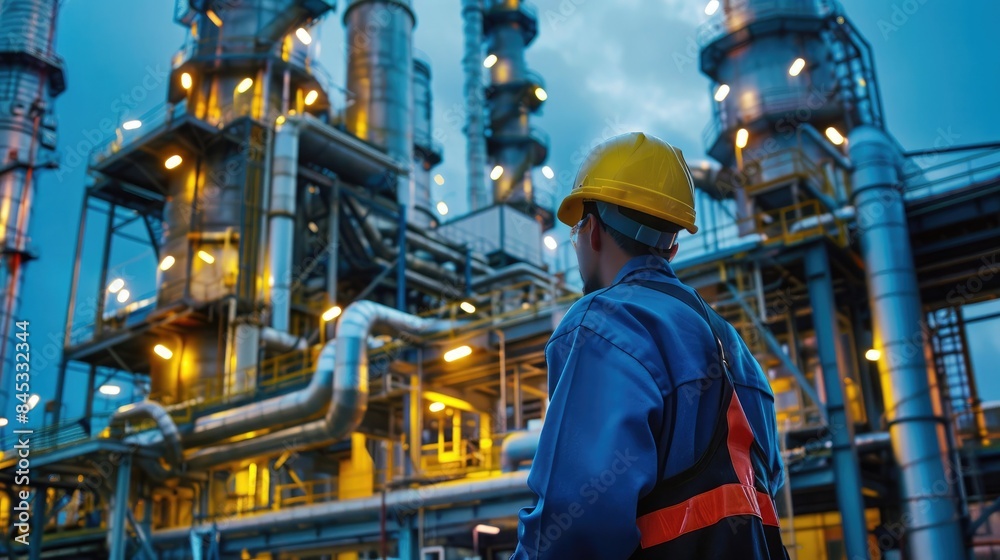 Industrial and Manufacturing Engineers and technicians working in industry refinery or power plant with blurred lights and structures in the background Industrial and Manufacturing Engineers and technicians working in industry refinery or power plant with blurred lights and structures in the background