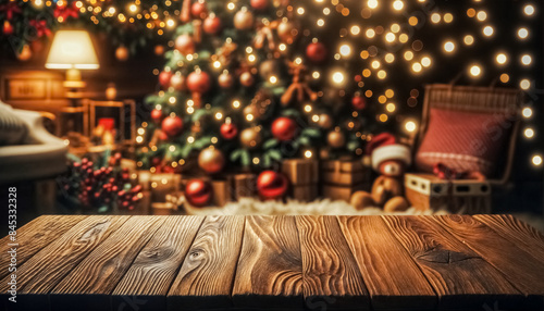 Obraz na płótnie Sfondo Festivo Natalizio con Tavolo di Legno Rustico w salonie