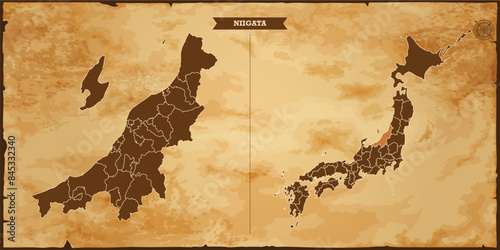 Niigata state map, Japan map with federal states in A vintage map based background, Political Japan Map