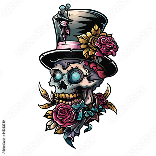 A skull with a flower on its head