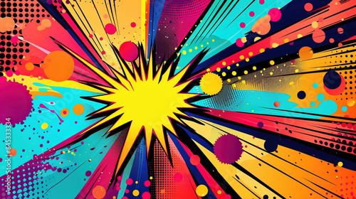 Comic cartoon pop art with vivid, saturated colors and bursts of light.