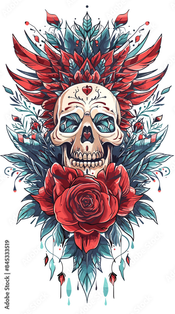 A skull with roses and leaves is drawn on a white background. The skull is surrounded by a colorful flower arrangement, giving it a unique and artistic appearance. Scene is one of creativity
