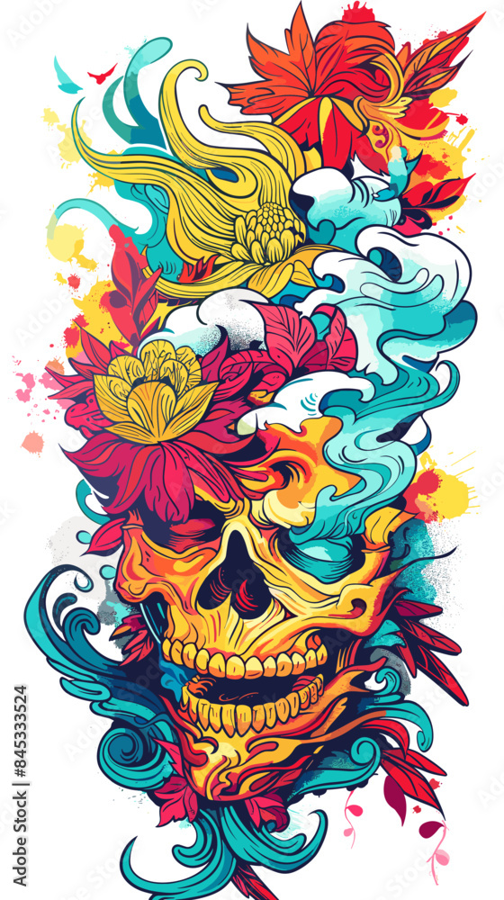 A colorful skull with flowers and leaves surrounding it. The skull is surrounded by a rainbow of colors and has a flower on its forehead A colorful skull with flowers and leaves surrounding it. The skull is surrounded by a rainbow of colors and has a flower on its forehead