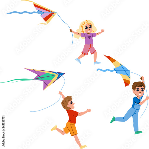 fly flying kite kid vector. girl children, cute sky, nature wind fly flying kite kid character. people flat cartoon illustration