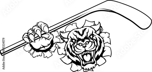 A tiger ice hockey player animal sports mascot holding a hockey stick