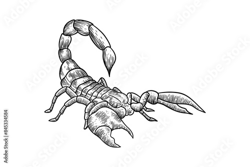 black and white hand drawing of a scorpion ready to sting