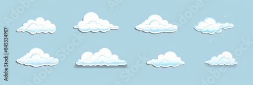 charming set of eight cartoon-style cloud illustrations on a light blue background, perfect for adding a cheerful and playful touch to creative projects.