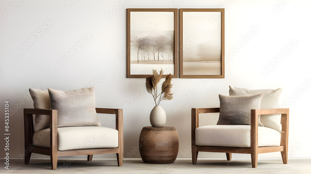 The farmhouse interior design of a modern living room features an armchair and sofa near a beige wall with a frame. The farmhouse interior design of a modern living room features an armchair and sofa near a beige wall with a frame.