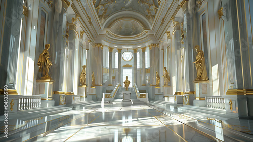 Luxurious Grand Hall with Gold Statues and Columns. Opulent grand hall featuring gold statues, ornate columns, and large windows, showcasing luxurious and classical architectural design.
