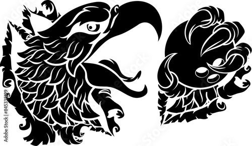 A bald eagle or hawk with claw talons holding a ten pin bowling ball and ripping or tearing through the background. Sports Mascot