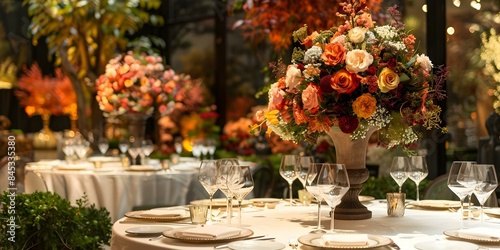 Elegantly adorned tables at a luxury event with beautiful floral decorations. Concept Luxury Event Decor, Beautiful Florals, Elegantly Adorned Tables