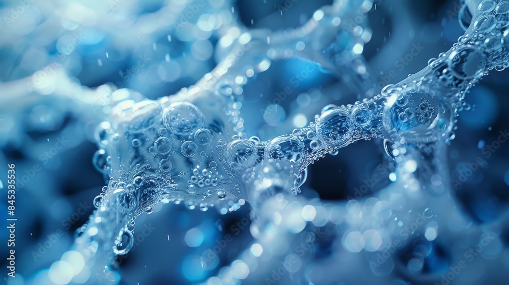 CGI illustration of a DNA double helix surrounded by water molecules, representing biology, genetics, and biochemical research CGI illustration of a DNA double helix surrounded by water molecules, representing biology, genetics, and biochemical research