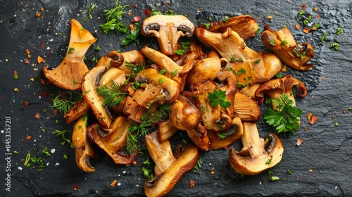 Fototapeta Naklejka Na Ścianę i Meble -  A collection of roasted wild mushrooms seasoned with herbs and spices, presented on a slate surface
