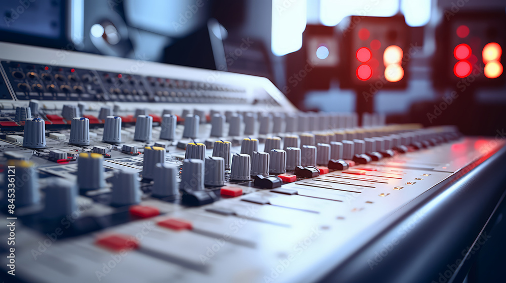Selective focus of professional audio mixing console with a  faders and adjusting knobs