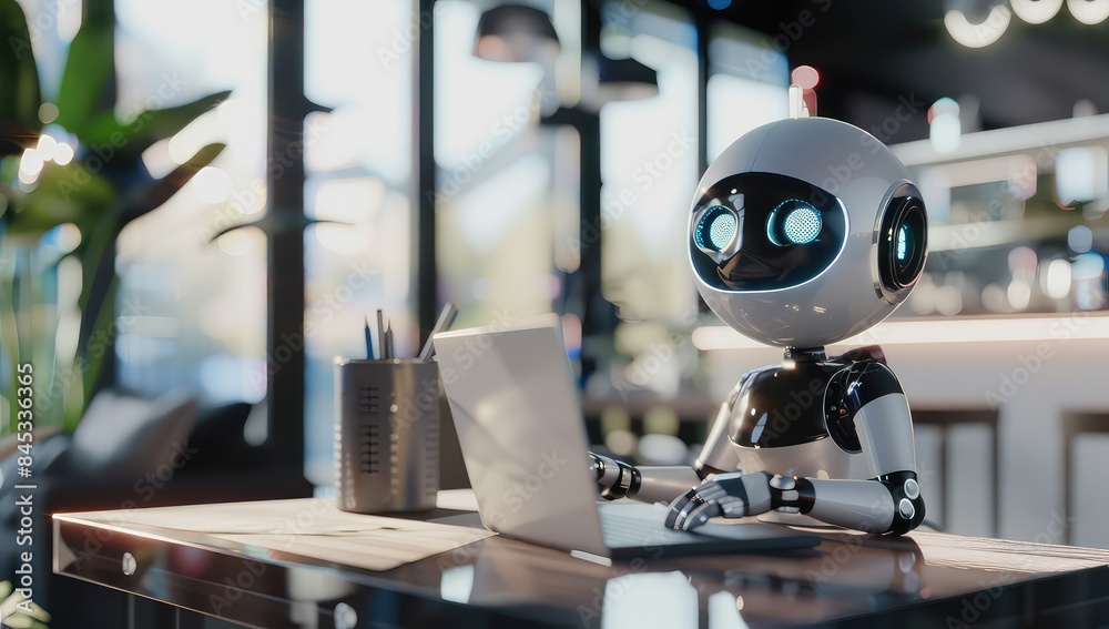 robot sits at a desk in the office and works at the computer