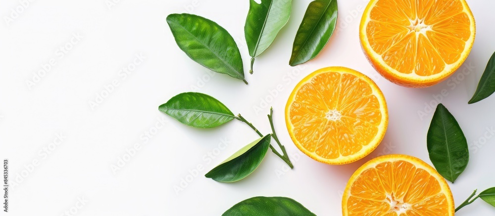Fresh Valencia Orange Fruit Halved with Green Leaves on White Background. Fresh Valencia Orange Fruit Halved with Green Leaves on White Background.