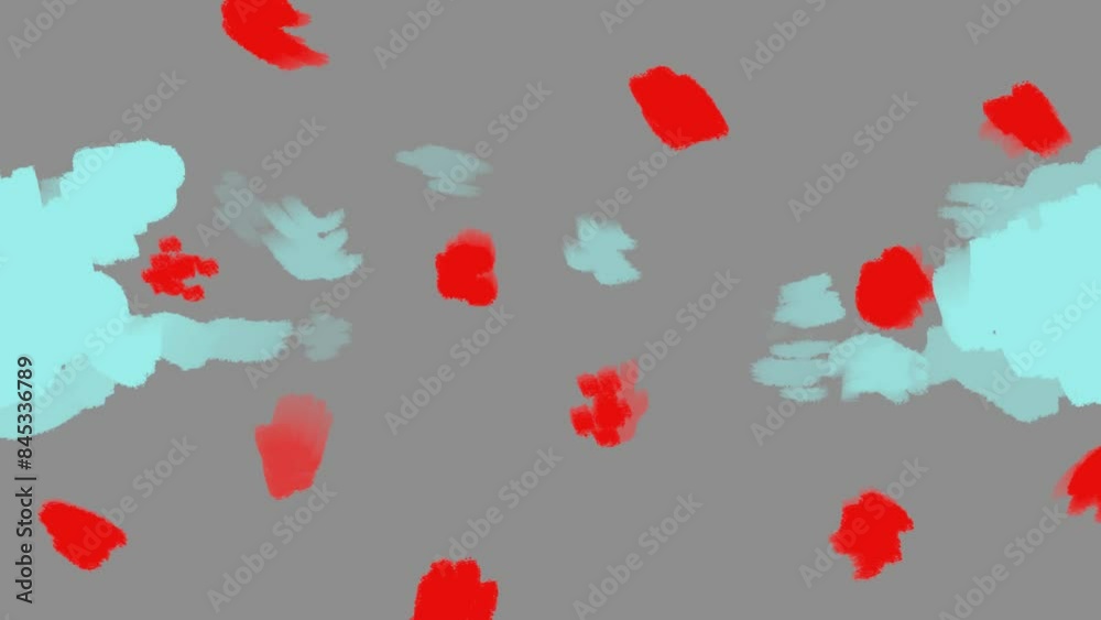 Red spots flicker on a gray background, and blue spots change on the sides and in the middle of the image, similar to oil brush strokes. Red spots flicker on a gray background, and blue spots change on the sides and in the middle of the image, similar to oil brush strokes.