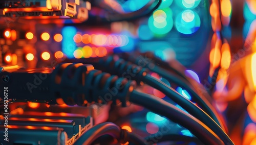 Internet cables and wires in server room with switch. Network background.