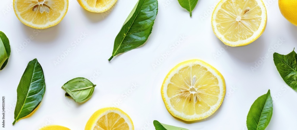 Sliced Lemon with Fresh Green Leaves on a White Background in a Top-Down View Sliced Lemon with Fresh Green Leaves on a White Background in a Top-Down View