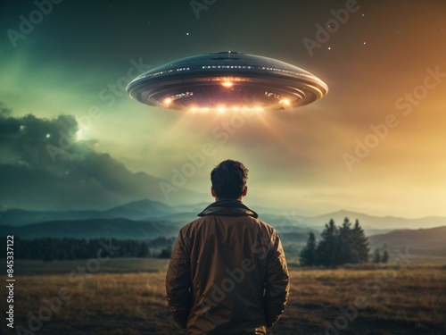 Back view of man looking at alien invasion UFO flying in sky © sunil