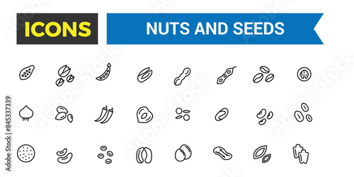 Nuts, seeds and beans icon set. Outline icons pack. Editable vector icon and illustration.