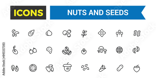 Nuts, seeds and beans icon set. Outline icons pack. Editable vector icon and illustration.