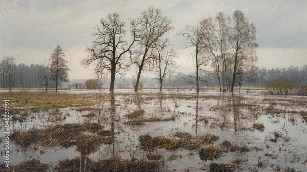 Meadow with trees affected by spring floods Meadow with trees affected by spring floods