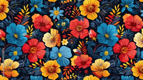 Bright flowers on dark background in red yellow and blue colors Summer design for printing Seamless pattern suitable for textile and paper