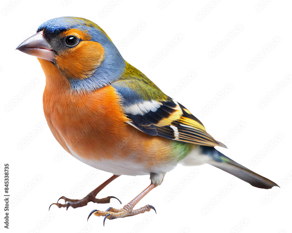 A small finch with a striking mix of blue, orange, and green feathers. The bird's vivid colors and alert expression stand out sharply against the black background. transparent background A small finch with a striking mix of blue, orange, and green feathers. The bird's vivid colors and alert expression stand out sharply against the black background. transparent background