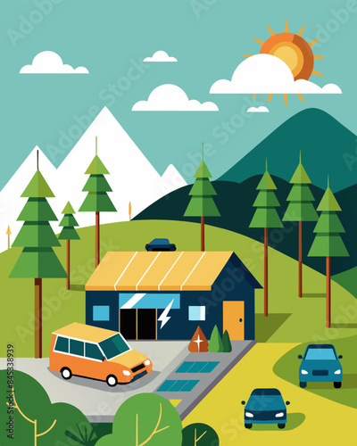 The parking lot of the nature reserves visitor center features a solarpowered charging point encouraging visitors to reduce their carbon footprint while exploring the reserve.. Vector illustration