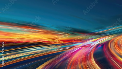 Fototapeta Naklejka Na Ścianę i Meble -  The highway comes to life in a blur of motion and light as cars streak past leaving behind a mesmerizing trail of vibrant colors.